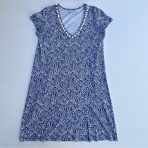 Lilly Pulitzer Womens Etta Dress In Corsica Blue Easy Peasy Beach Pom-Pom Cotton